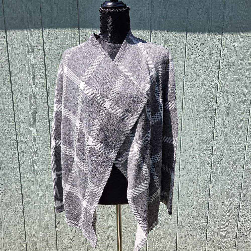 Chico's Gray White Windowpane Reversible Knit Open Cardigan Med Asymmetrical